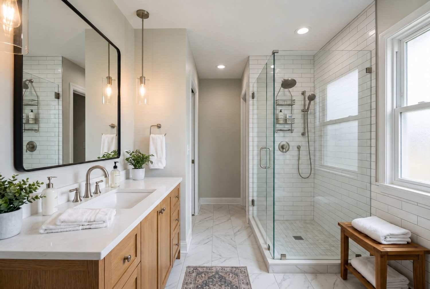 Modern bathroom with glass shower, wood vanity, and marble tile.