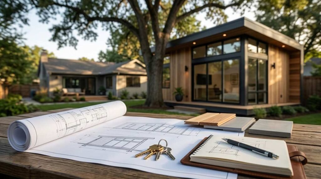 Architectural plans, material samples, keys, and a notebook on a table in front of a newly completed backyard accessory dwelling unit (ADU), showcasing the planning and construction process.