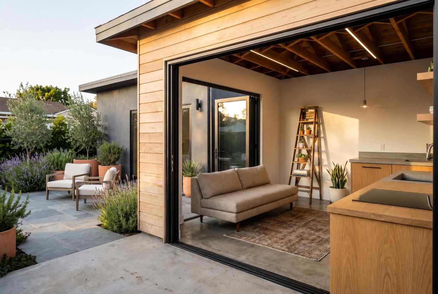 Modern timber home extension with open-plan living.
