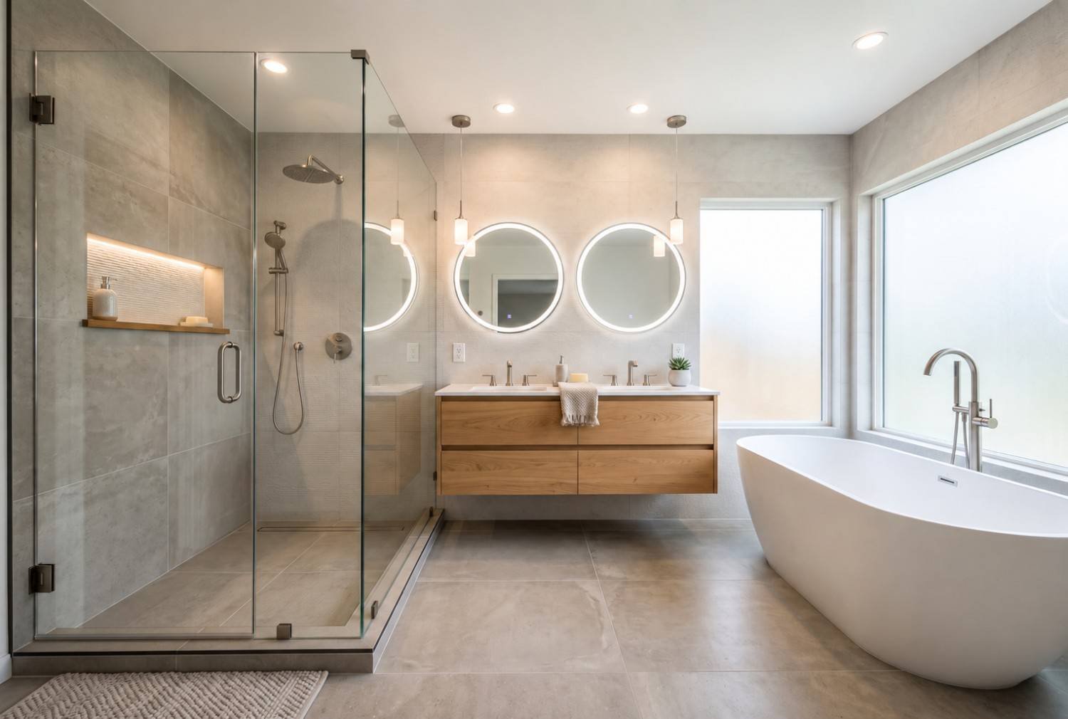 Modern luxury bathroom with walk-in glass shower, double vanity, and freestanding bathtub.