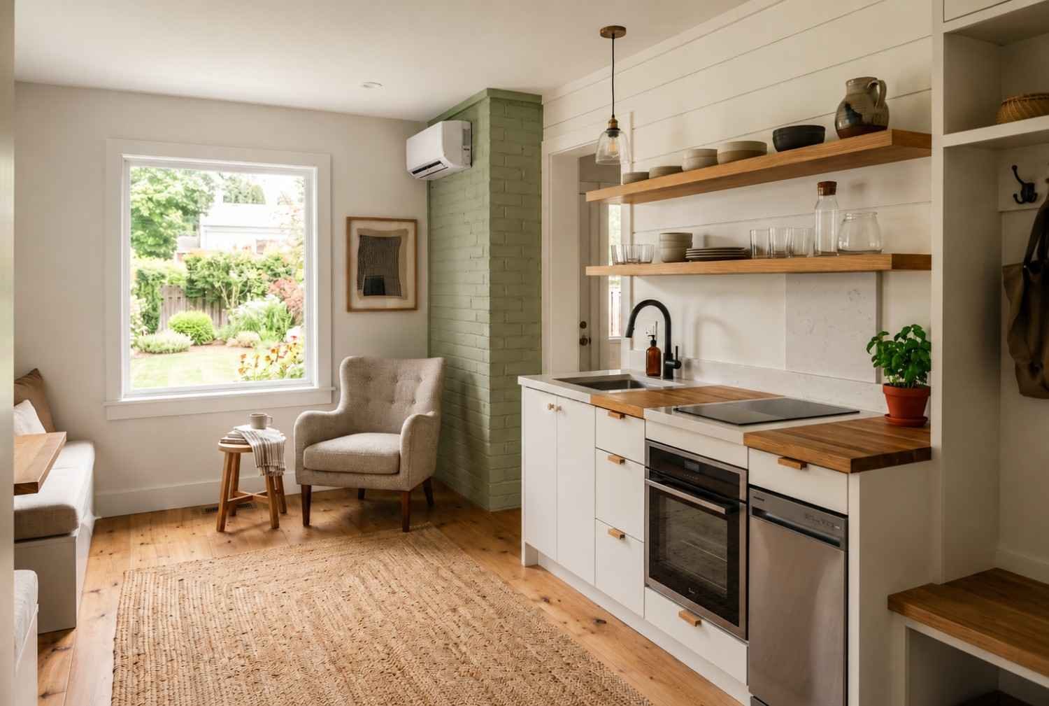 Compact modern ADU with open kitchen and living area.