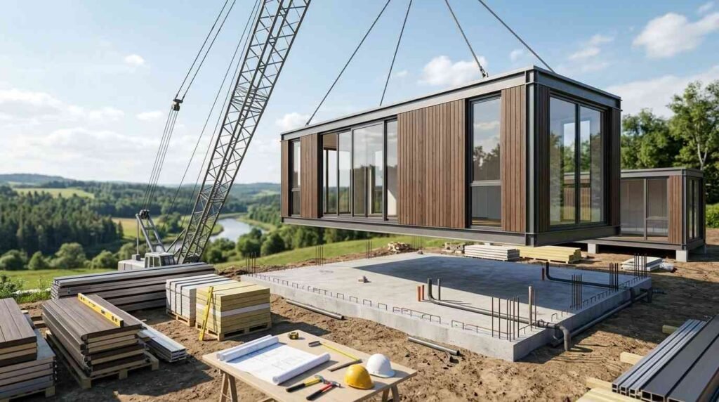 Crane installing a modern prefab home on a prepared foundation.