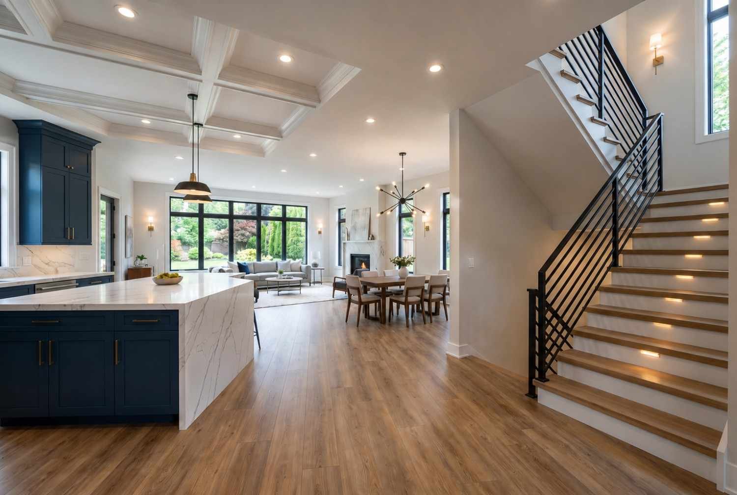 Spacious modern open-concept home featuring a luxury kitchen, dining area, living room, and contemporary staircase with premium finishes.