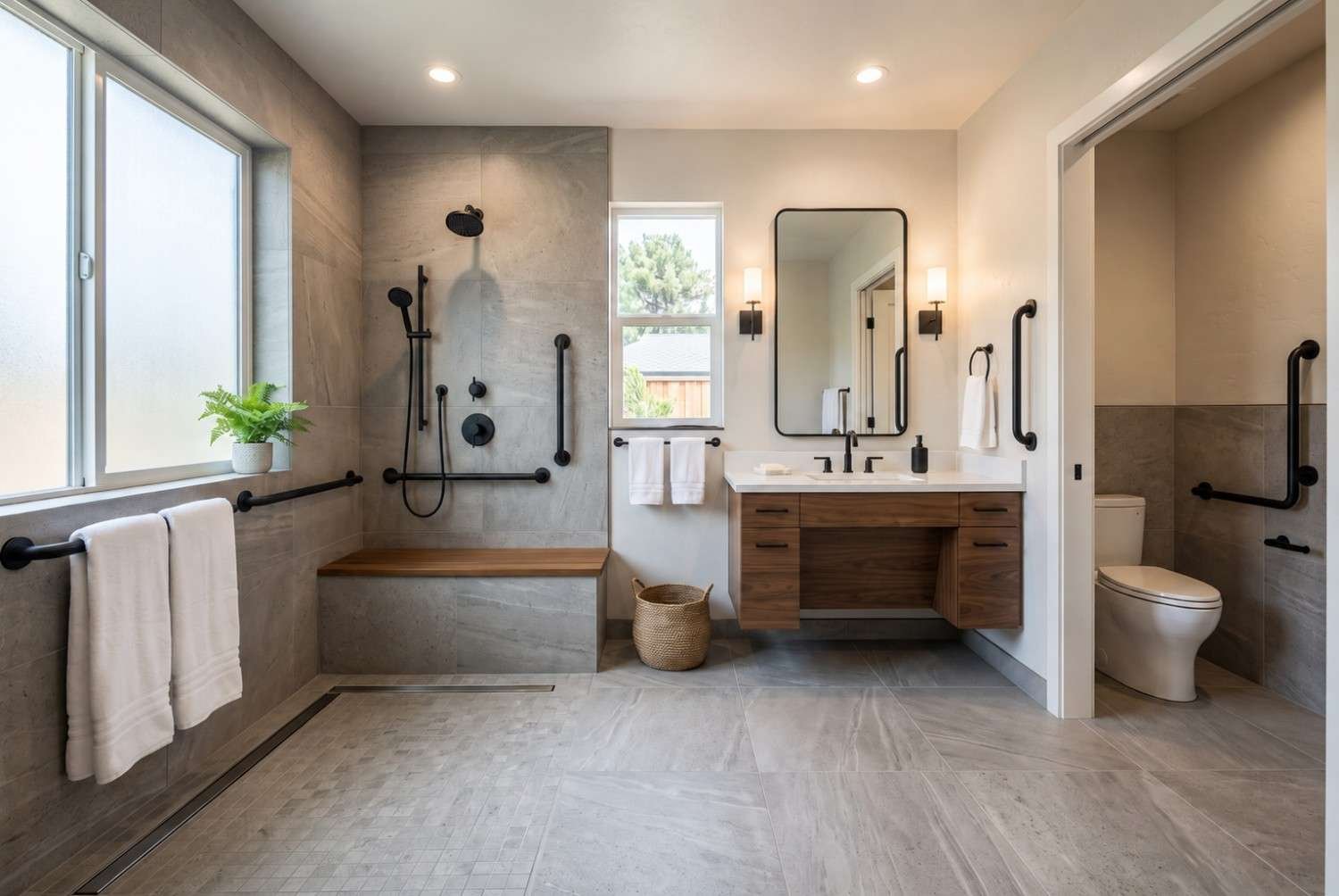 Accessible modern bathroom with curbless walk-in shower, grab bars, floating vanity, and separate toilet.