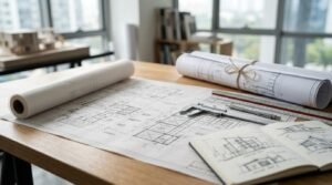 Architectural blueprints, drafting tools, and design sketches for custom home planning and construction.