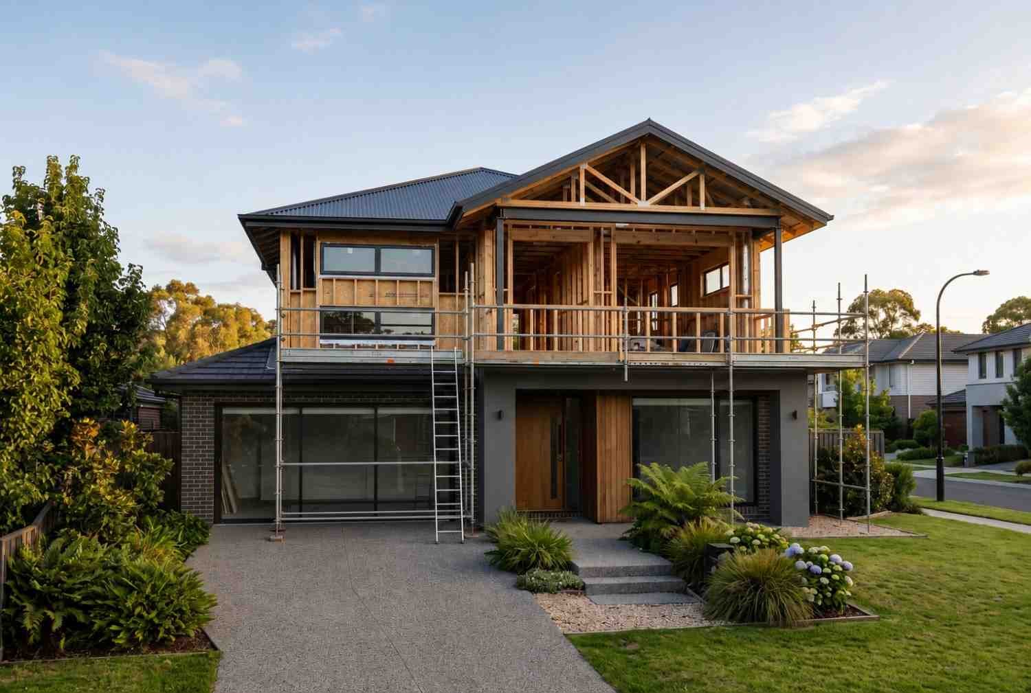Two-story house under construction with timber framing, scaffolding, and exterior renovation work in progress on a modern residential property.