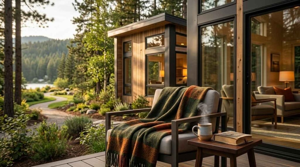 Modern park model home with a cozy outdoor seating area and landscaped surroundings.