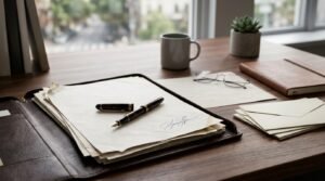 Organized project documents, signed paperwork, pen, and office supplies on a desk for construction project management and client communication.