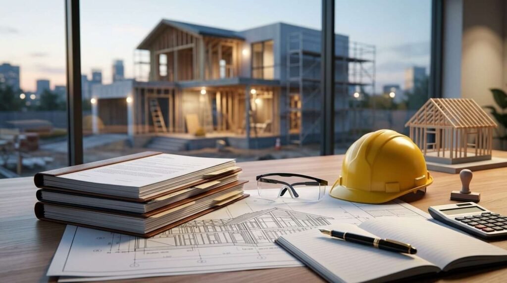Construction documents, blueprints, and safety equipment for planning home building insurance, taxes, and legal requirements.