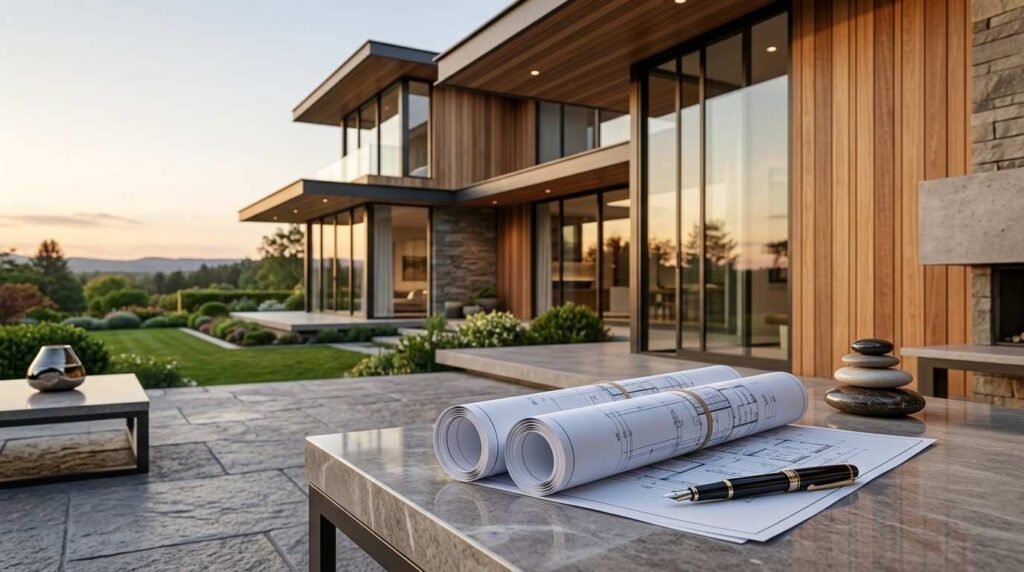 Modern custom home with architectural plans, highlighting long-term value and return on investment in new construction.