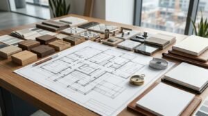 House floor plan with material samples and budgeting tools for custom home construction planning.