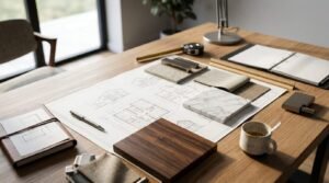 Blueprint with wood, stone, and fabric samples for custom home budgeting and design planning.
