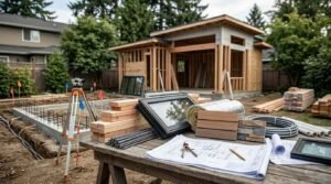 Job site workbench displaying ADU building materials, blueprints, insulation, and surveying transit next to a framed accessory dwelling unit and concrete foundation.
