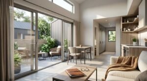 Bright, modern open-concept interior of an accessory dwelling unit featuring high ceilings, a cozy living area with sofa and coffee table, compact dining set, sleek galley kitchen with wood cabinetry, and large sliding glass doors opening to a private landscaped outdoor patio.