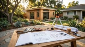 Outdoor table displaying ADU floor plan blueprints, surveying theodolite on a tripod, material samples, and construction tools in a residential backyard with a detached modern ADU.