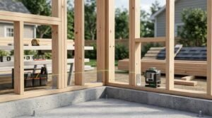 Close-up of high-quality residential wood framing on a poured concrete foundation, featuring seismic anchor bolts, tie plates, and a self-leveling green beam laser.