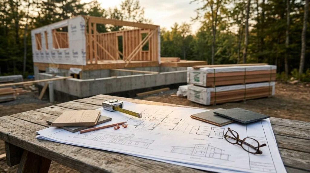 Residential home construction site with building plans, material samples, and measuring tools displayed in front of a custom home framing project.