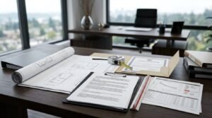 Professional office desk featuring ADU floor plans, general contractor agreement clipboard, official state certificate, tape measure, and financial cost estimates.