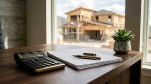 Black desktop calculator, fountain pen resting on architectural plans, and potted succulent on a wooden desk overlooking a home construction site through a window