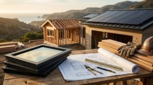 Architectural blueprints, drafting compass, hard hat, work gloves, and stacked window frames on a sawhorses workbench with a coastal California home construction site in the background