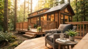 Wicker outdoor armchair with cushions on a wooden deck next to a side table with coffee and a book, facing a rustic timber cabin in a pine forest