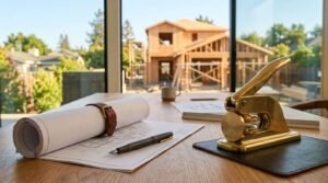 Architectural floor plan blueprints, fountain pen, scale ruler, and a brass embosser seal on an oak desk overlooking a house construction site