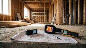 Architectural blueprints and an audit checklist laid out on a concrete subfloor inside a wood-framed home under construction, featuring a thermal imaging camera, a digital laser measure, and a pen.