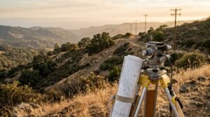 Surveying equipment including a tripod and instrument mounted on a hillside landscape at sunset, with a rolled topographic map attached to the leg and rolling hills stretching into the distance.