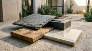 Architectural material samples arranged outdoors on a stone surface, featuring rough-hewn dark slate, reclaimed timber wood, a polished terrazzo or quartz slab, and a dark metal trim profile against a blurred garden backdrop.