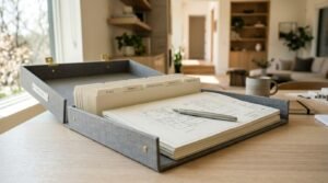 Open grey fabric archival storage box filled with architectural document divider tabs for Plans, Permits, Specifications, Contracts, and Submittals on a wooden desk