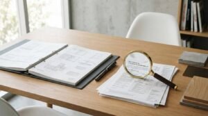 Brass magnifying glass zooming in on architectural plans beside an open blueprint binder and material swatches on an oak desk