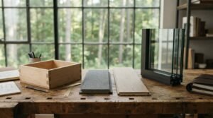 Architectural design materials on a wooden workbench featuring a double glazed window frame cross-section, dovetail box, composite cladding sample, and oak flooring plank