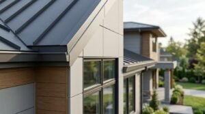 Close-up of a modern home featuring a charcoal standing seam metal roof with precise flashing and gutters paired with grey composite cladding and wood-look wall panels