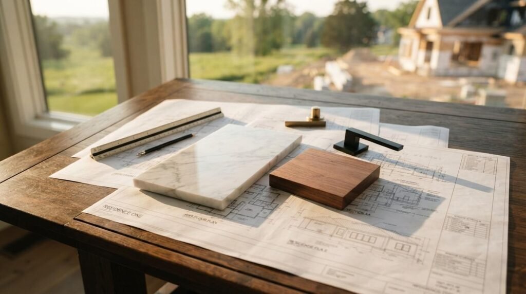 Architectural blueprints spread on a wooden desk featuring a white marble slab, warm wood sample block, matte black and brass cabinet hardware, drafting tools, and a view of a home under construction outside the window.
