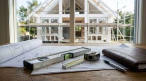 Wooden desk overlooking a house under construction through a window, featuring rolled and unrolled architectural blueprints, a spirit level, a measuring tape, a pen, and a leather-bound logbook.