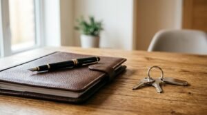 Black luxury fountain pen resting on a brown leather planner next to house keys on a key ring on an oak wooden table