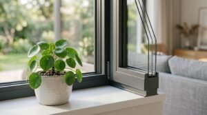 Potted Chinese money plant in a ceramic pot resting on a white indoor windowsill next to a modern dark frame triple-pane glass window overlooking a bright green exterior garden.