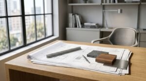 Architectural desk in a modern office setup with large windows, featuring stacked blueprints, a scale ruler, drafting pencil, and material samples including wood, stone, and metal finishes.