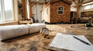 Inspection checklist clipboard, pressure gauge, rolled blueprints, and safety glasses on a wooden workbench with a Park Model RV in the workshop background