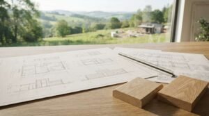 Architectural house blueprints and timber wood samples on a wooden table with a view of a rural construction site through the window