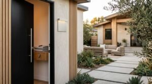 Open modern black front door with a vertical stainless steel bar handle revealing a entry shelf, leading out to a concrete paver walkway and landscaped patio lounge