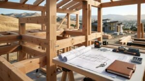 Architectural blueprints, house key, leather journal, and laser level on a site table inside a timber frame home construction structure overlooking rolling hills