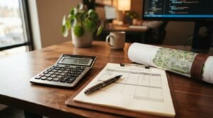 Project Budget and TCO spreadsheet document on a leather clipboard with a digital calculator, pen, and rolled site plan blueprint on an office desk
