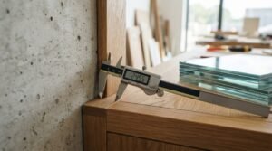 Digital caliper measuring a 24.55 mm wooden frame joint next to a textured concrete wall with stacked glass sheets in a woodworking workshop