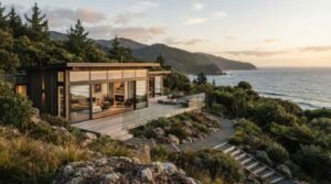 Modern architectural timber home on a coastal cliff with sliding glass doors, a wide wooden deck with a glass balustrade, and panoramic ocean views at sunset