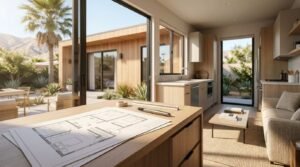 Modern 1-bedroom ADU interior showing floor plan blueprints on a kitchen island, open living room, and sliding glass doors opening to a landscaped courtyard patio.