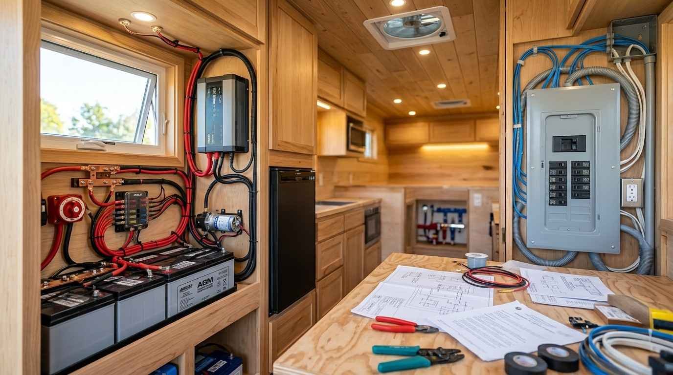Tiny home electrical system showing separate 12-volt DC and household AC circuits, with dedicated batteries, inverter equipment, organised wiring, LED lighting, fans and water pump.