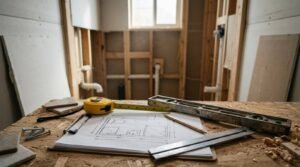 Bathroom floor plan blueprints and measuring tools on workbench during ADU framing construction