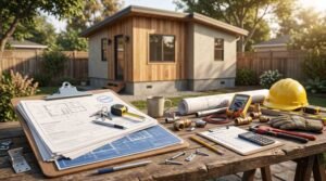 Approved ADU permit blueprints, keys, plumbing fittings, multimeter, and hard hat on workbench overlooking finished backyard cottage