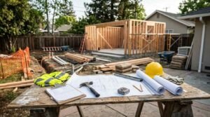 Contractor blueprints, hammer, yellow hard hat, and safety vest on workbench in front of wood-framed ADU under construction